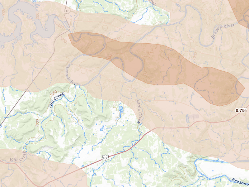 Radar-estimated hail-size map of the storm over Palo Pinto, TX on Apr 28, 2026
