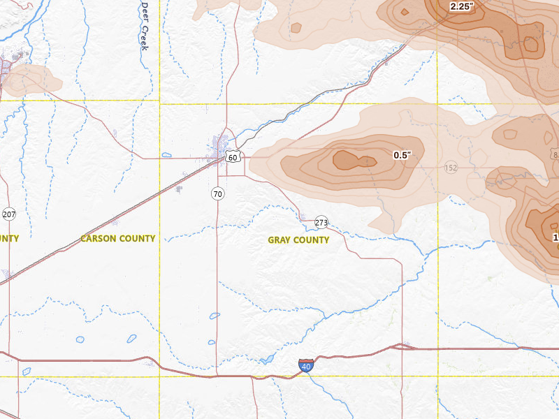 Radar-estimated hail-size map of the storm over Pampa, TX on Jun 25, 2026