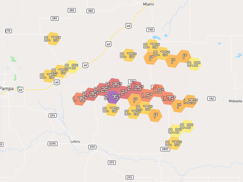 Hail map of Pampa, TX on Jun 26, 2026, hail up to 2.75"