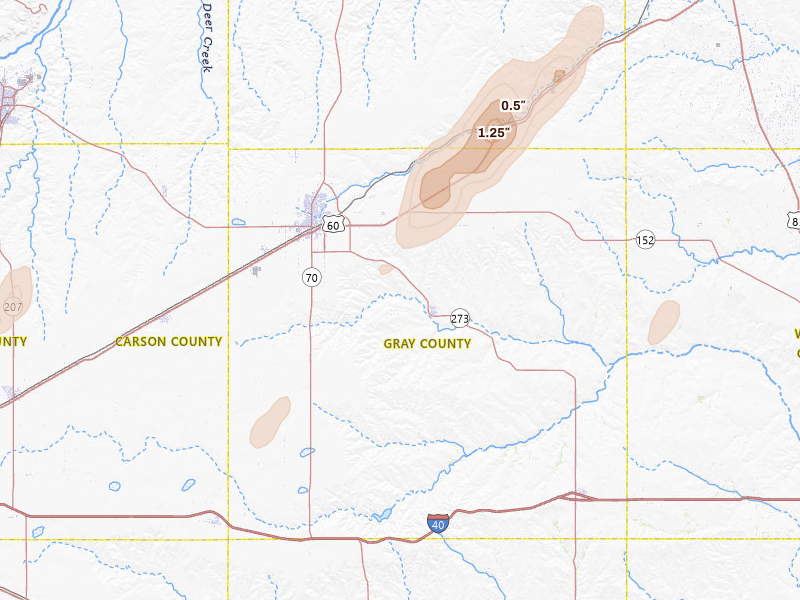 Radar-estimated hail-size map of the storm over Pampa, TX on Jun 29, 2026