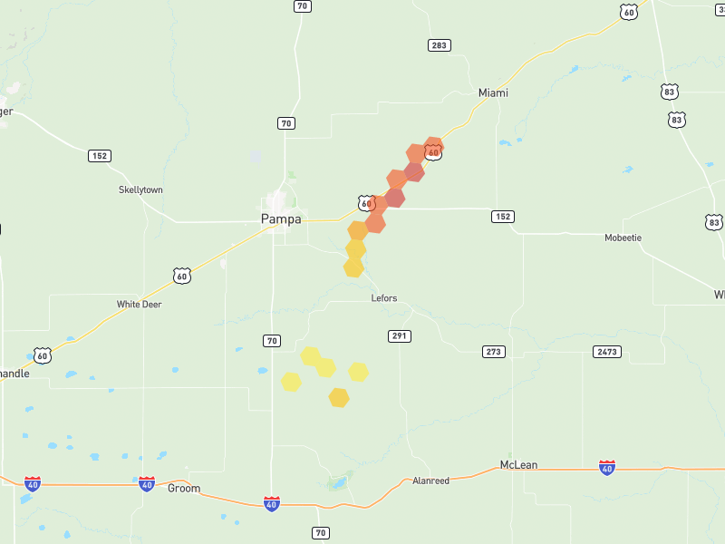 Hail map of Pampa, TX on Jun 29, 2026, hail up to 2.25"