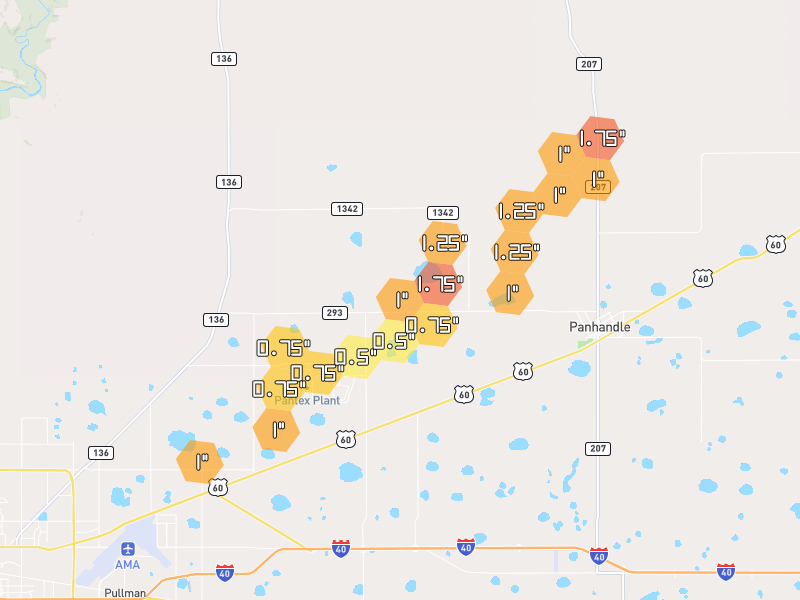 Hail map of Panhandle, TX on Jun 29, 2026, hail up to 1.75"