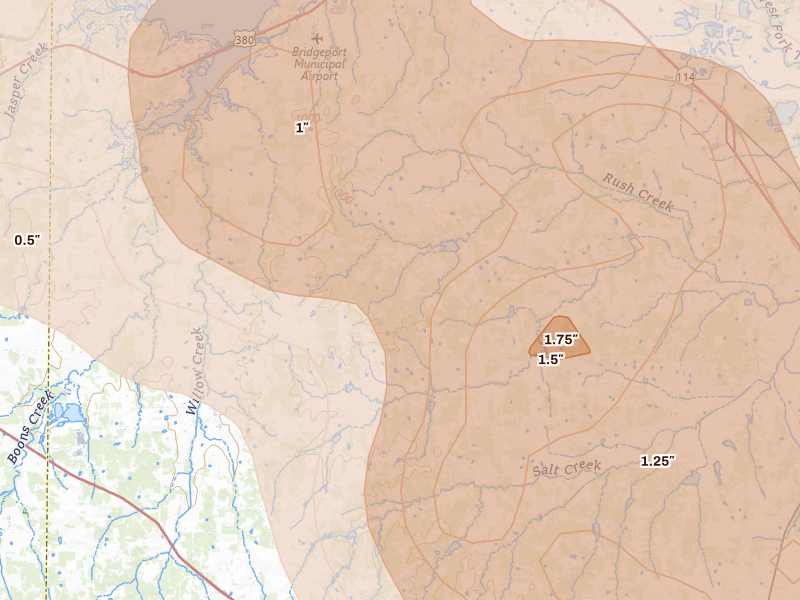 Radar-estimated hail-size map of the storm over Paradise, TX on Apr 25, 2026