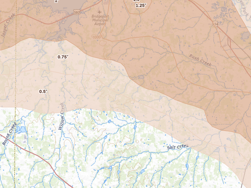 Radar-estimated hail-size map of the storm over Paradise, TX on Apr 28, 2026
