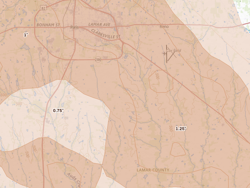 Radar-estimated hail-size map of the storm over Paris, TX on Apr 24, 2026