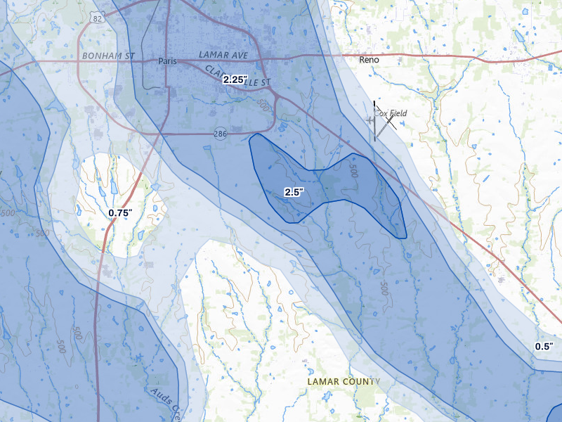 NEXRAD radar-signature map of the hail storm over Paris, TX on Apr 24, 2026