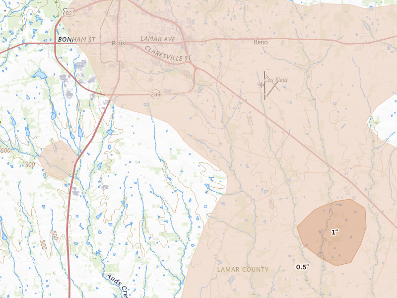Radar-estimated hail-size map of the storm over Paris, TX on May 9, 2026