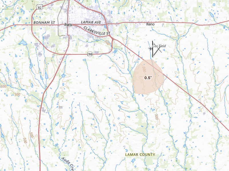 Radar-estimated hail-size map of the storm over Paris, TX on Jun 21, 2026