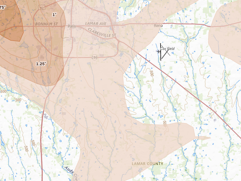 Radar-estimated hail-size map of the storm over Paris, TX on Jun 23, 2026