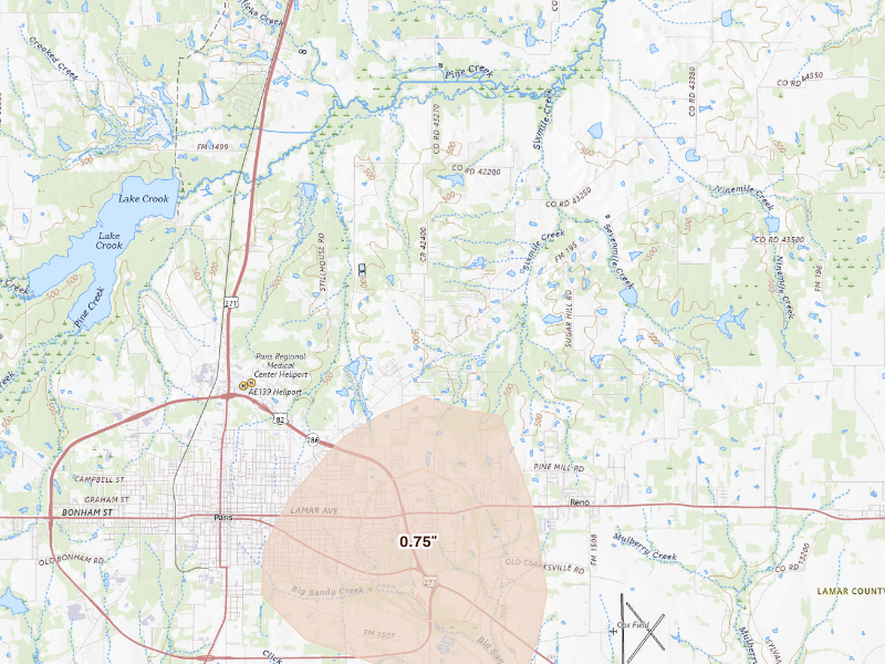 Radar-estimated hail-size map of the storm over Paris, TX