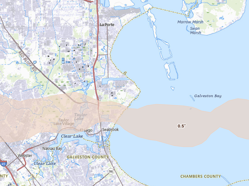 Radar-estimated hail-size map of the storm over Pasadena, TX on Apr 30, 2026