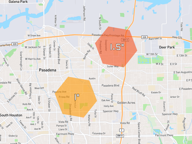 Hail map of Pasadena, TX on Jul 8, 2026, hail up to 1.5"