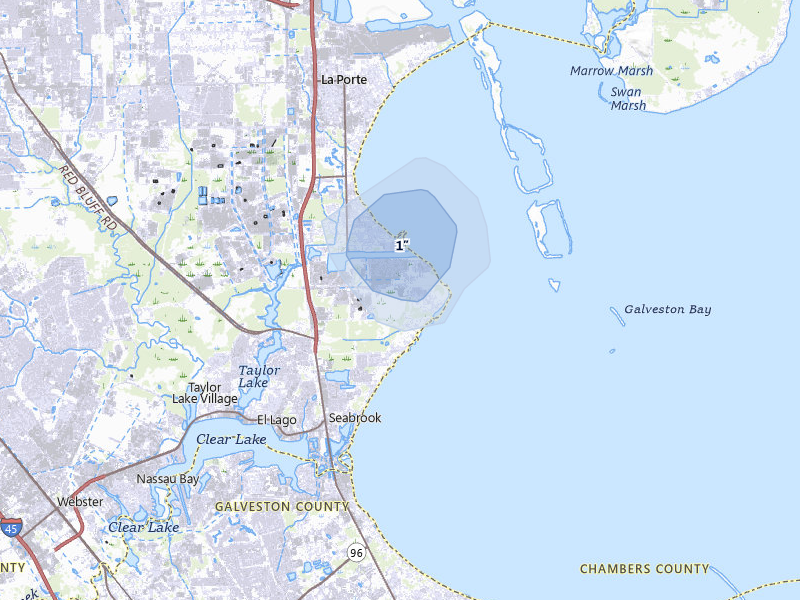 NEXRAD radar-signature map of the hail over Pasadena, TX