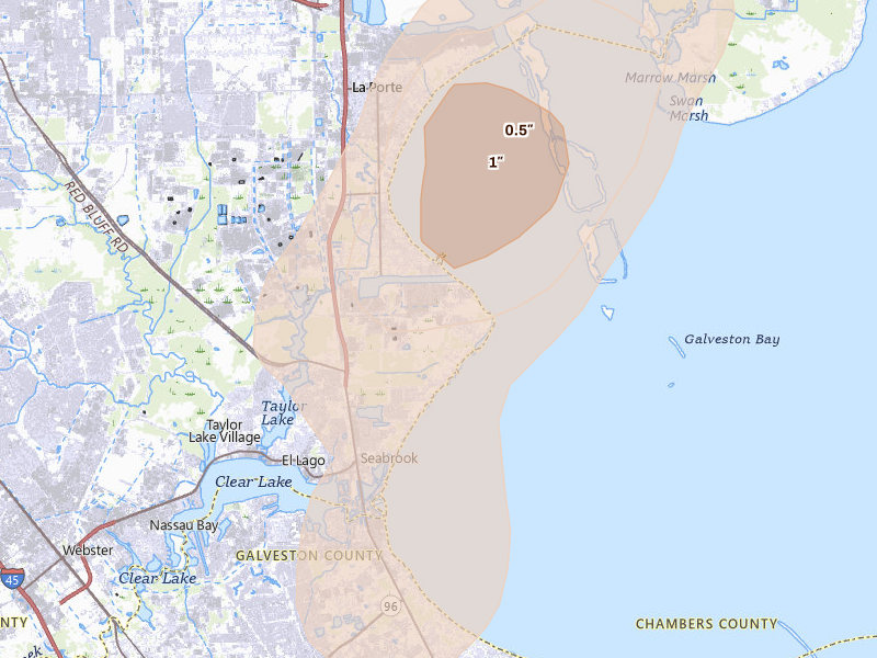 Radar-estimated hail-size map of the storm over Pasadena, TX on Jul 22, 2026