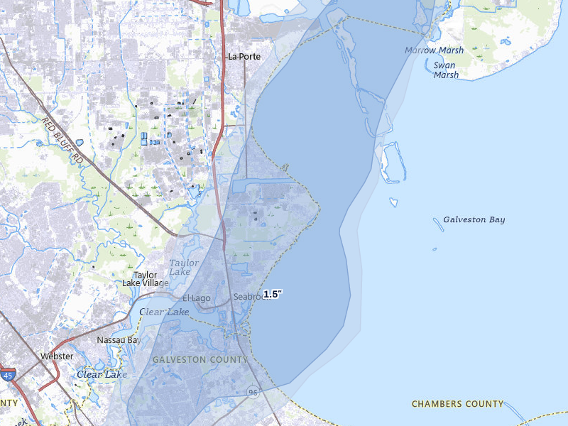NEXRAD radar-signature map of the hail storm over Pasadena, TX on Jul 22, 2026
