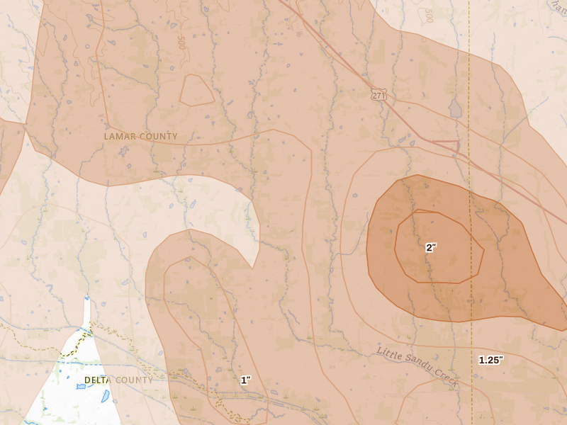 Radar-estimated hail-size map of the storm over Pattonville, TX on Apr 24, 2026