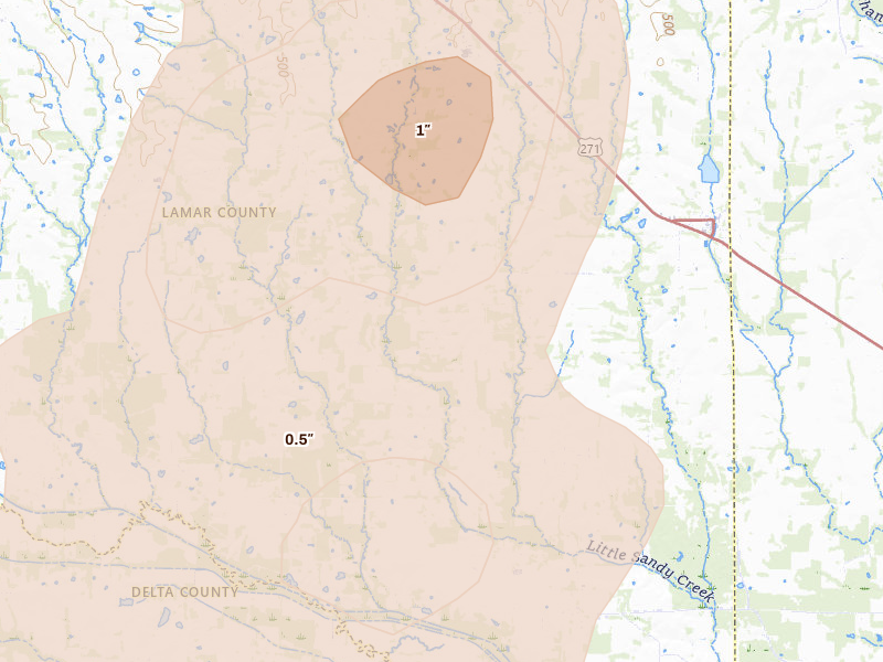 Radar-estimated hail-size map of the storm over Pattonville, TX on May 9, 2026