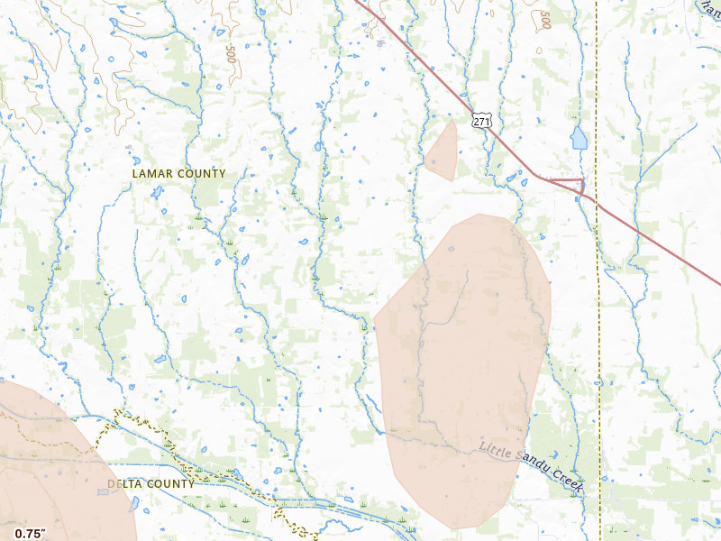 Radar-estimated hail-size map of the storm over Pattonville, TX on Jun 19, 2026