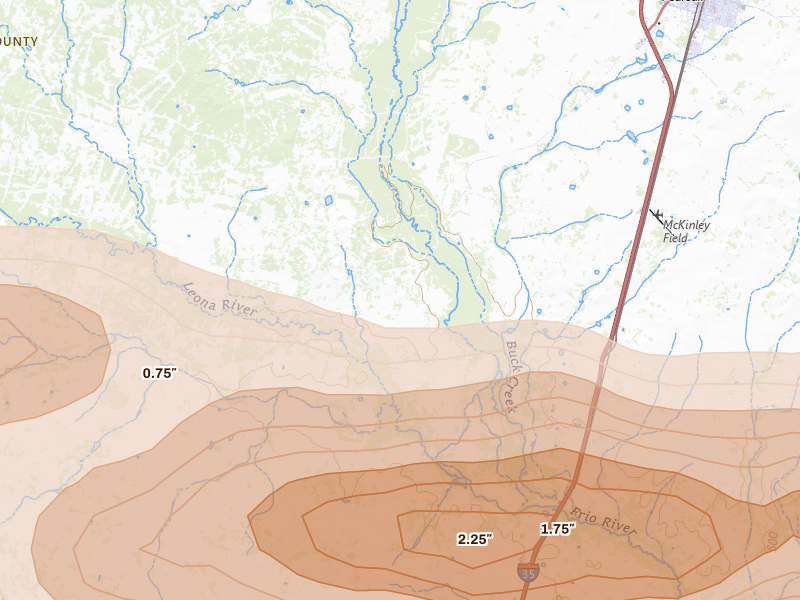 Radar-estimated hail-size map of the storm over Pearsall, TX on Apr 30, 2026