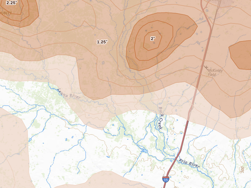 Radar-estimated hail-size map of the storm over Pearsall, TX on May 26, 2026
