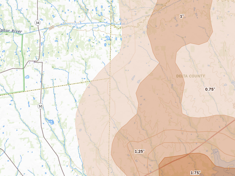 Radar-estimated hail-size map of the storm over Pecan Gap, TX on Apr 24, 2026
