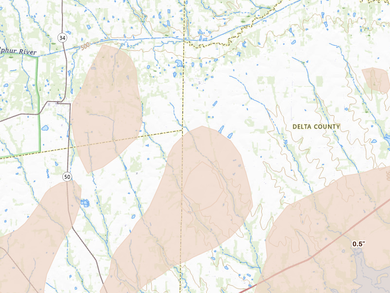 Radar-estimated hail-size map of the storm over Pecan Gap, TX on May 22, 2026