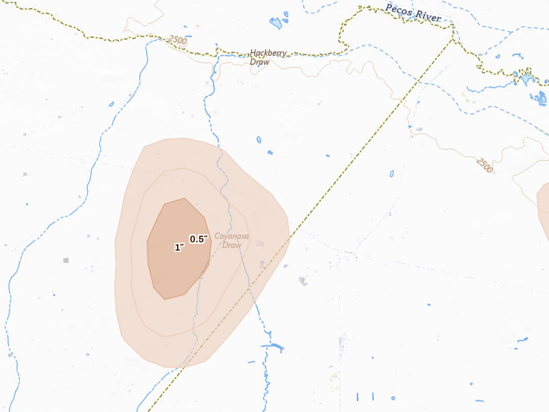 Radar-estimated hail-size map of the storm over Pecos, TX on May 31, 2026