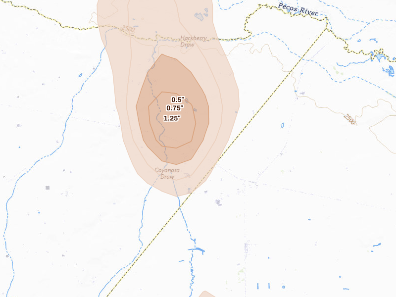 Radar-estimated hail-size map of the storm over Pecos, TX on Jun 5, 2026