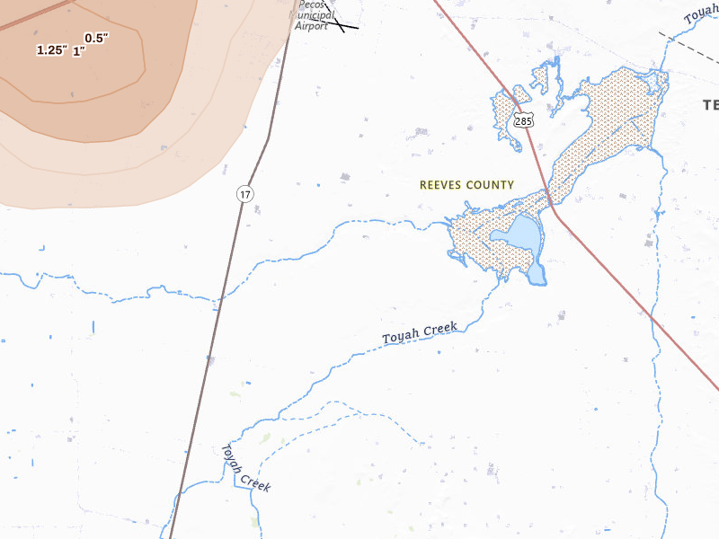 Radar-estimated hail-size map of the storm over Pecos, TX on Jun 10, 2026