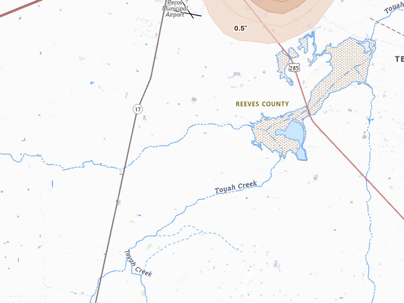 Radar-estimated hail-size map of the storm over Pecos, TX on Jun 11, 2026