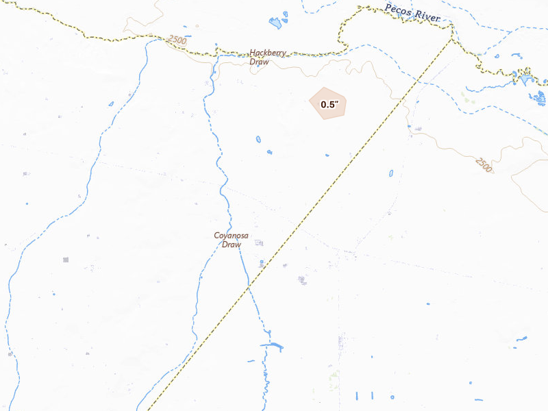 Radar-estimated hail-size map of the storm over Pecos, TX on Jul 2, 2026