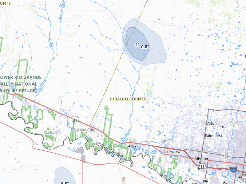 NEXRAD radar-signature map of the hail storm over Penitas, TX on Apr 4, 2026