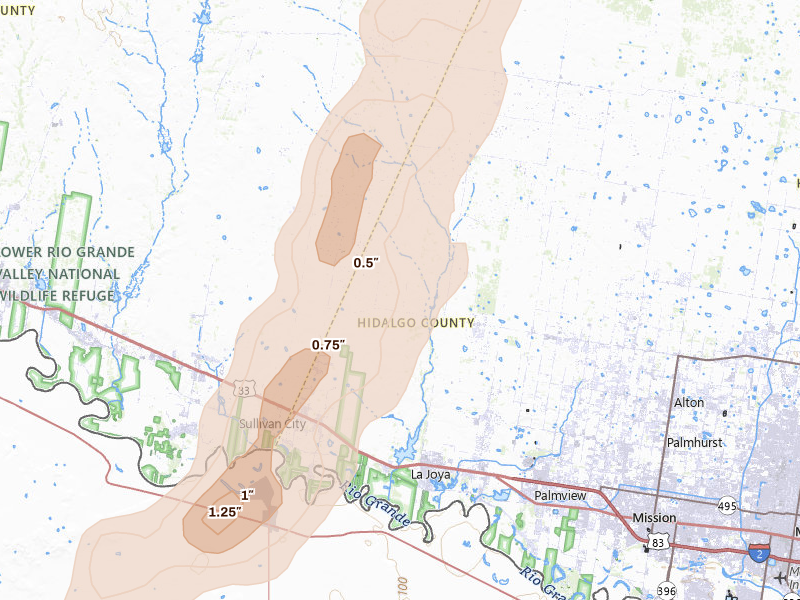 Radar-estimated hail-size map of the storm over Penitas, TX on May 10, 2026