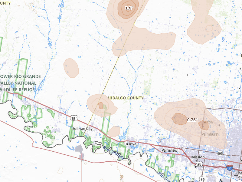 Radar-estimated hail-size map of the storm over Penitas, TX on Aug 2, 2026