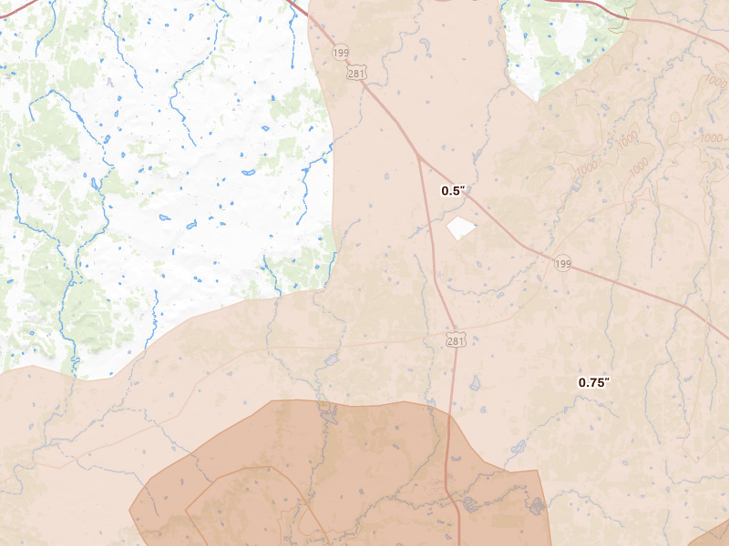 Radar-estimated hail-size map of the storm over Perrin, TX on Mar 10, 2026