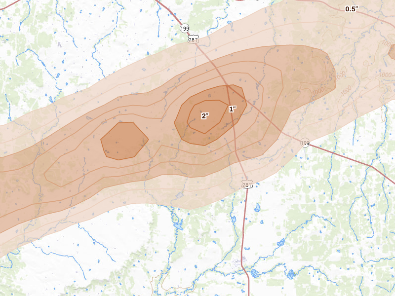 Radar-estimated hail-size map of the storm over Perrin, TX on Apr 15, 2026