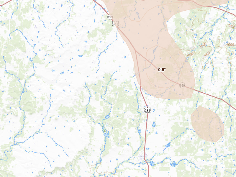 Radar-estimated hail-size map of the storm over Perrin, TX on May 8, 2026