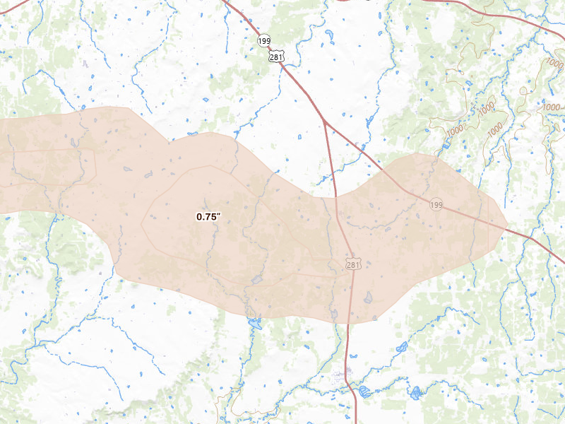 Radar-estimated hail-size map of the storm over Perrin, TX on May 10, 2026