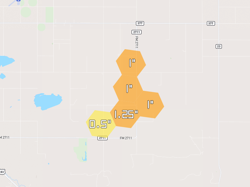 Hail map of Perryton, TX on Jun 9, 2026, hail up to 1.25"