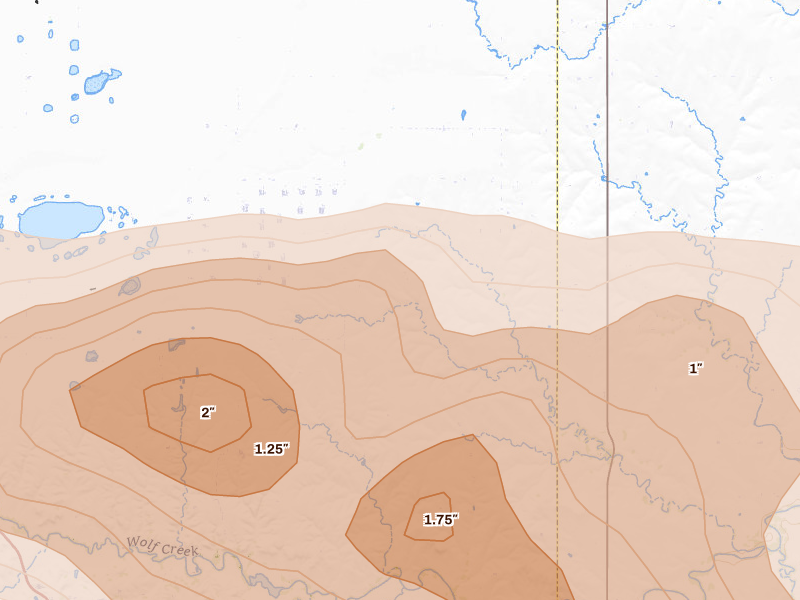 Radar-estimated hail-size map of the storm over Perryton, TX on Jun 25, 2026