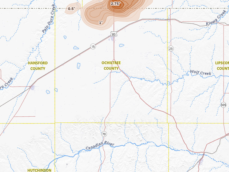 Radar-estimated hail-size map of the storm over Perryton, TX on Jul 23, 2026
