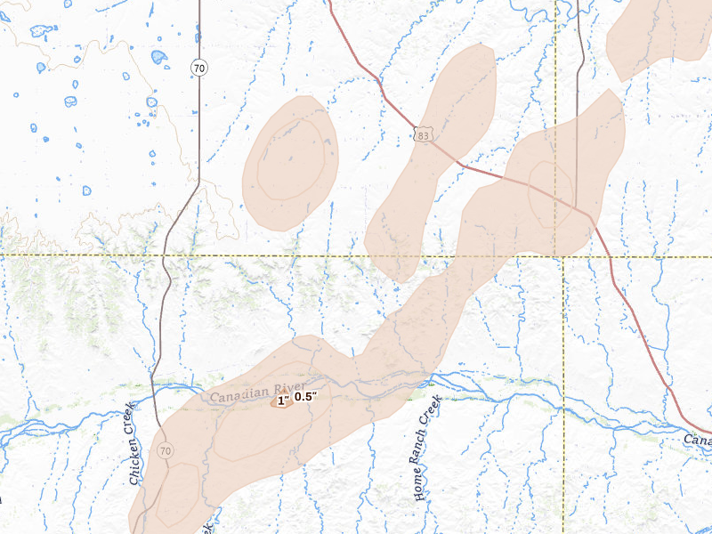 Radar-estimated hail-size map of the storm over Perryton, TX on Aug 14, 2026