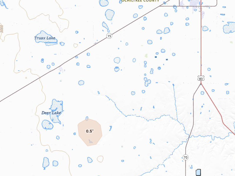 Radar-estimated hail-size map of the storm over Perryton, TX on Aug 26, 2026