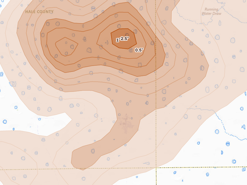 Radar-estimated hail-size map of the storm over Petersburg, TX on May 22, 2026