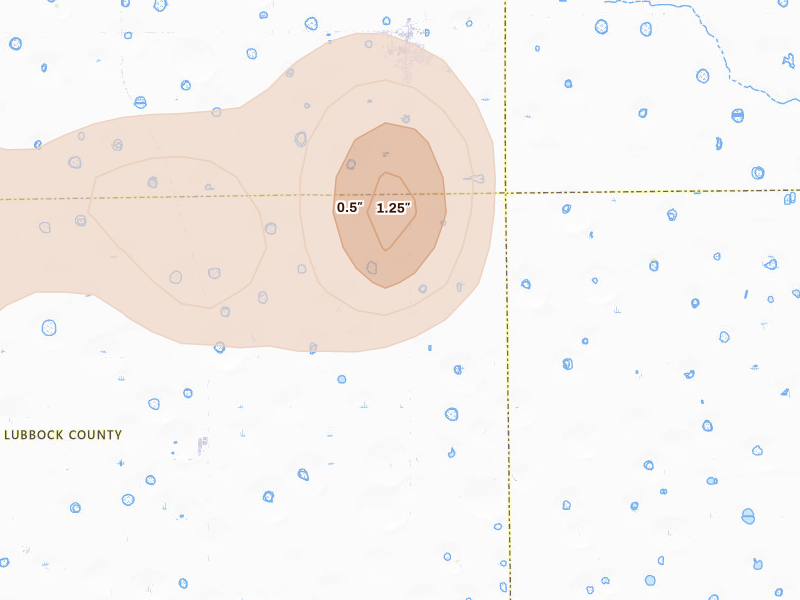 Radar-estimated hail-size map of the storm over Petersburg, TX on Aug 13, 2026