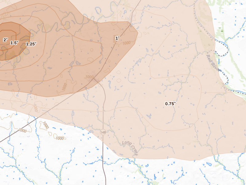 Radar-estimated hail-size map of the storm over Petrolia, TX on Apr 26, 2026