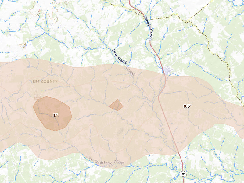 Radar-estimated hail-size map of the storm over Pettus, TX on May 1, 2026