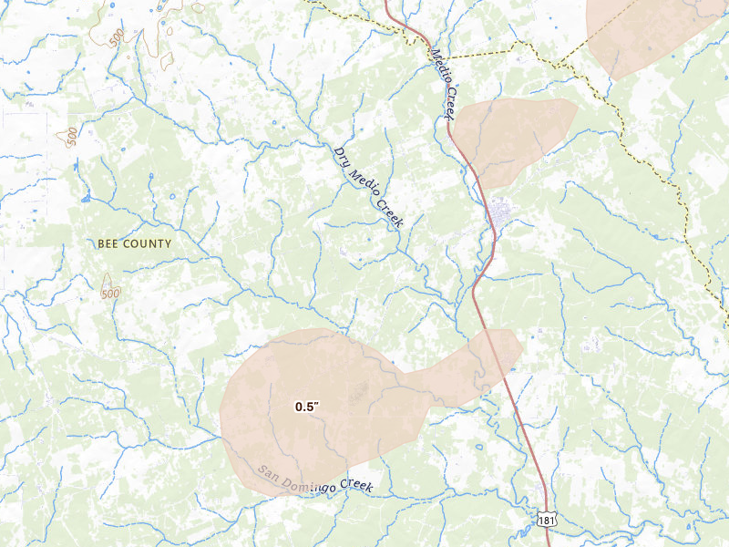 Radar-estimated hail-size map of the storm over Pettus, TX on May 23, 2026