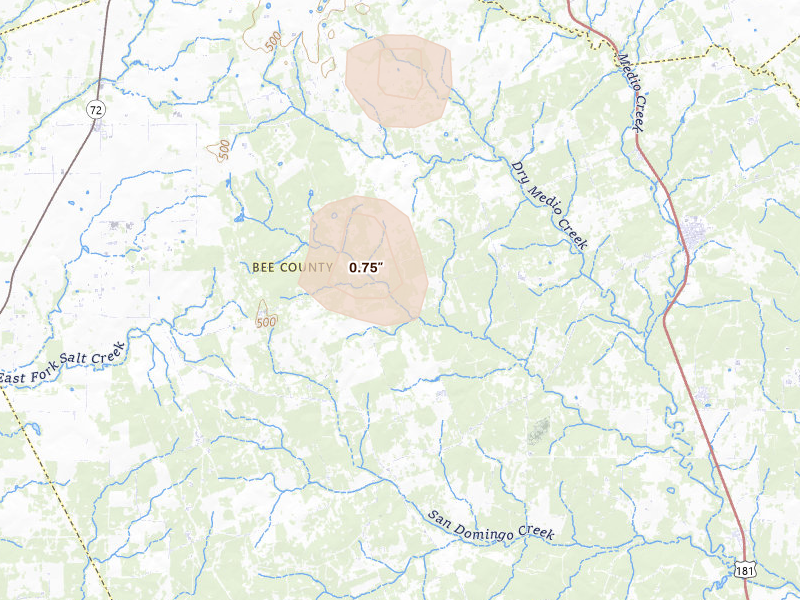 Radar-estimated hail-size map of the storm over Pettus, TX on Aug 22, 2026