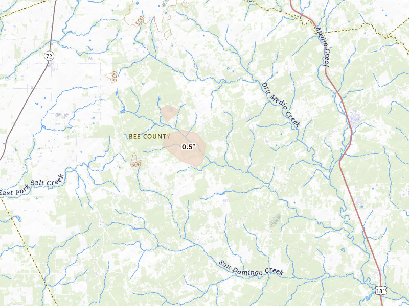 Radar-estimated hail-size map of the storm over Pettus, TX on Aug 23, 2026
